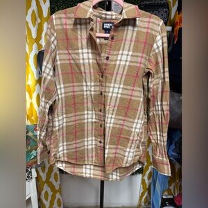 Lands' End Tan and Pink Plaid Shirt
